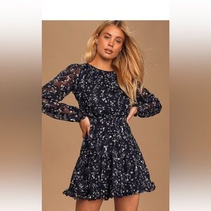 Too Cute Navy Blue Floral Print Smocked Long Sleeve Mini Dress